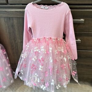 Petite Hailey Pink Long Sleeve Dress with Floral Tulle Skirt